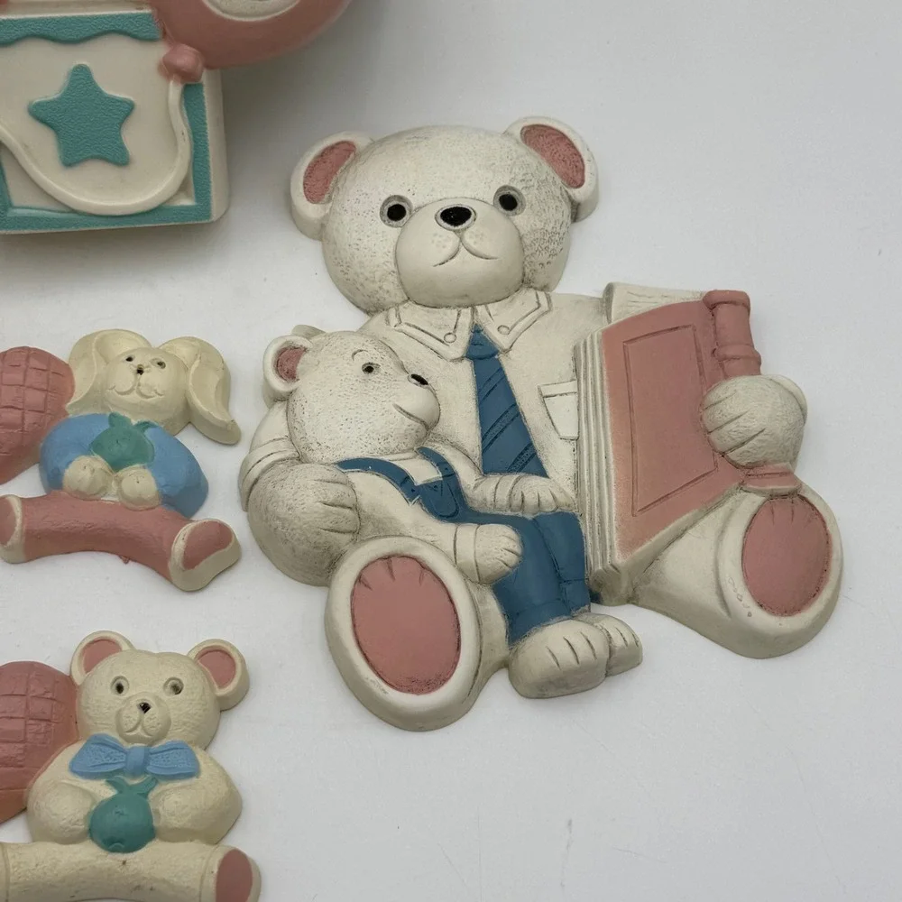 Vintage Nursery Wall Decor Set Teddy Bear Bunny Mirror Shelf Plaques Pastel 6pc